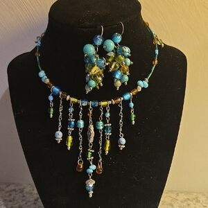Elegant Beaded Memory Wire Necklace and Earring Set